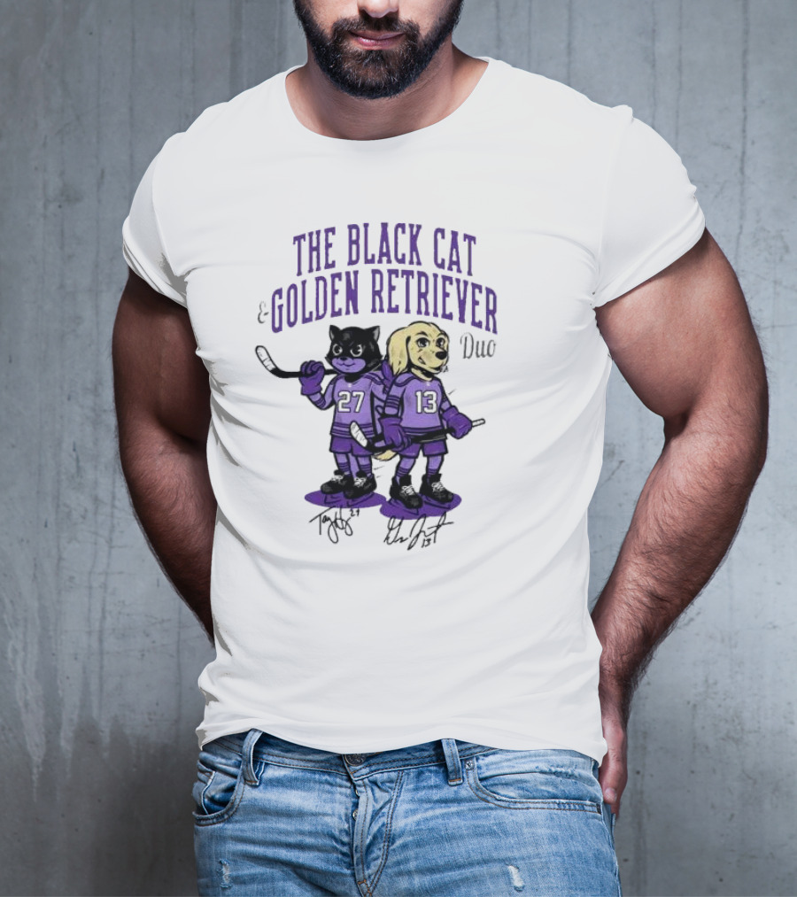 The Black Cat Golden Retriever 27 13 Hockey Duo T-Shirt