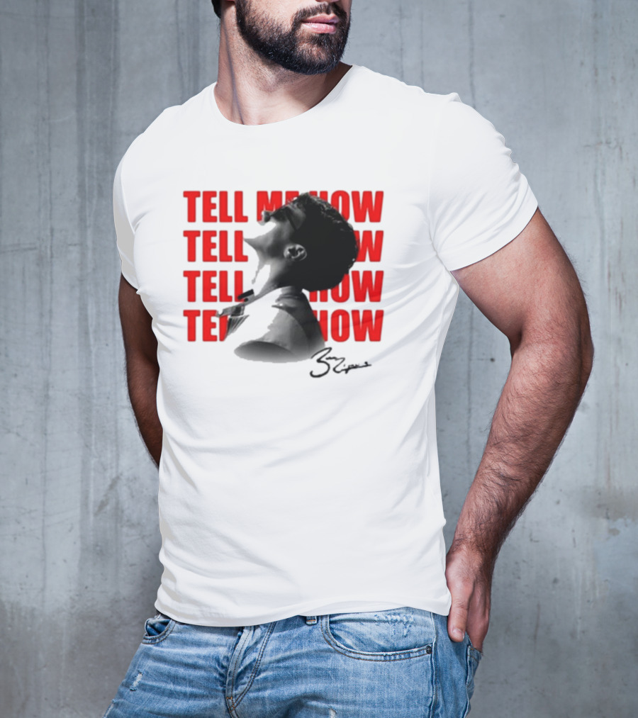 Tell Me How Ben Rodrigues Signature Black And White Artistic Portrait With Repeated Text In Eye-Catching Red Style T-Shirt