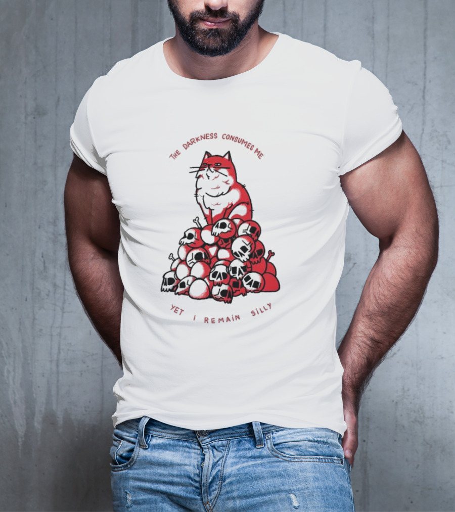 The Darkness Consumes Me Yet I Remain Silly Red Cat Bats Skulls T-Shirt