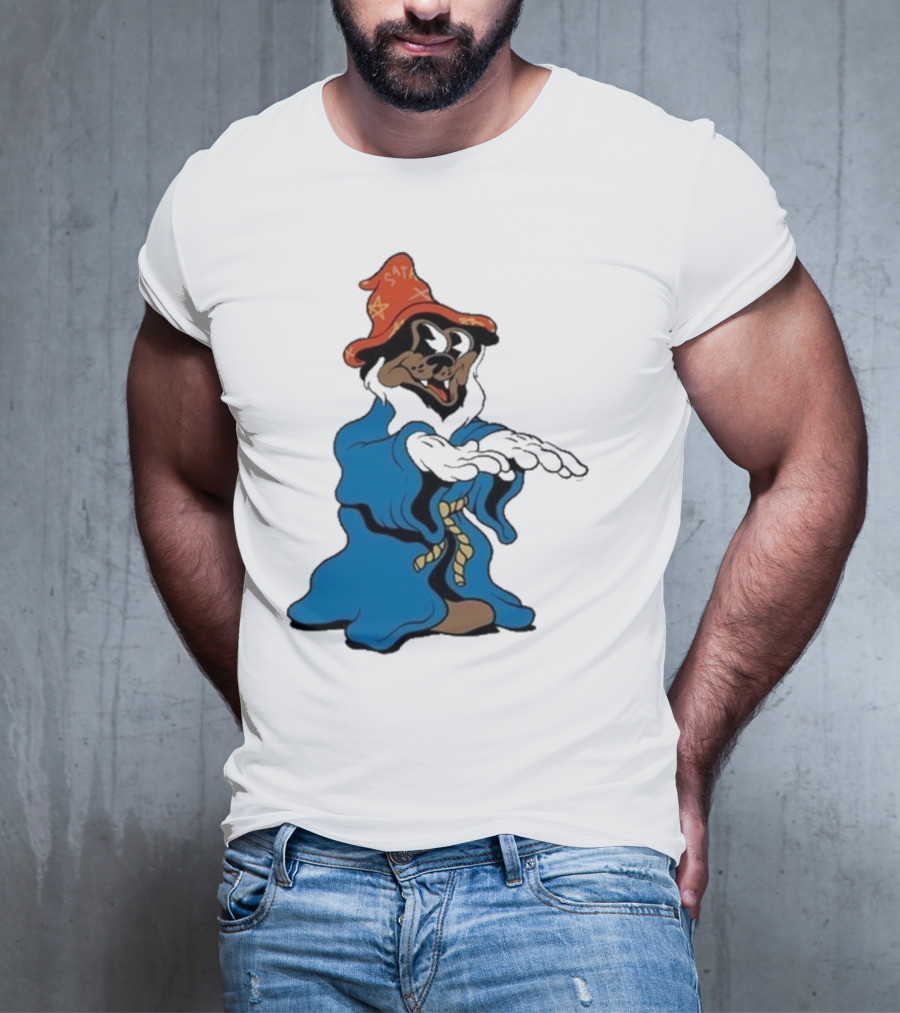 The Dudes It’s All Wavy Wizard Dog In Blue Robe With Orange Star Hat T-Shirt