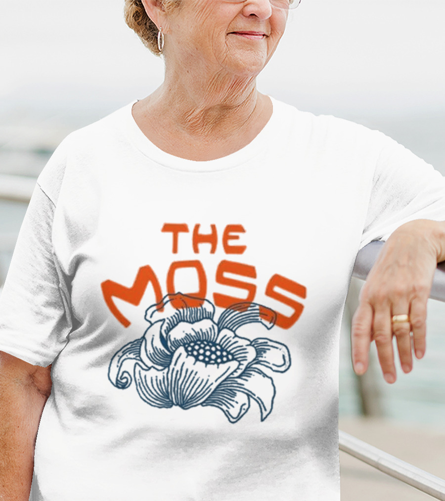 The Moss Flower 2025 Bold Blue And Orange Text Over Artistic Floral Illustration T-Shirt