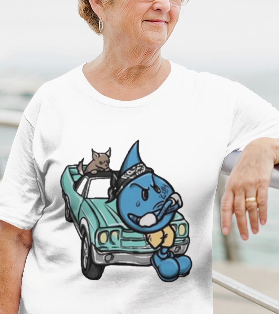 Thornhill Bat White Blue Cartoon Character With Dog In Classic Car T-Shirt
