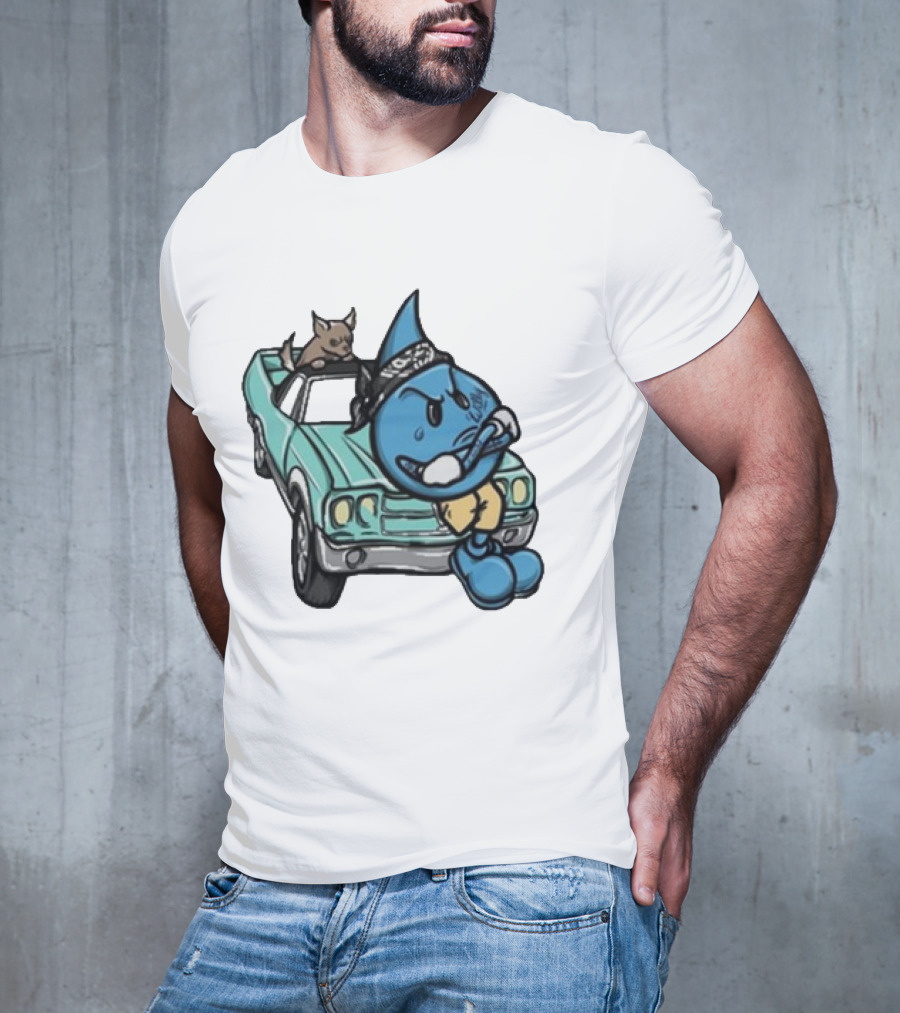 Thornhill Bat White Blue Cartoon Character With Dog In Classic Car T-Shirt