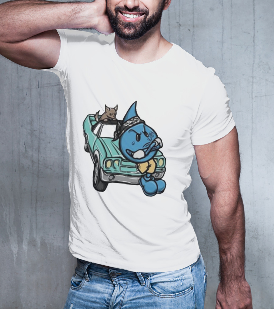 Thornhill Bat White Blue Cartoon Character With Dog In Classic Car T-Shirt