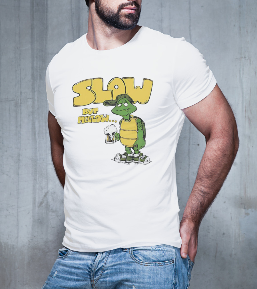 Slow But Mellow Turtle With Beer Retro Vintage 70s Style T-Shirt