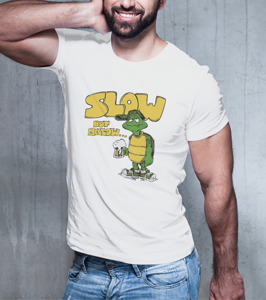 Slow But Mellow Turtle With Beer Retro Vintage 70s Style T-Shirt