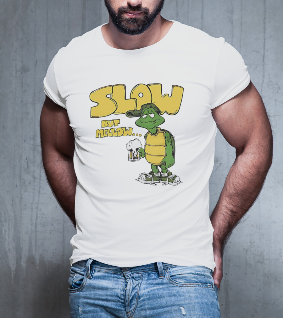 Slow But Mellow Turtle With Beer Retro Vintage 70s Style T-Shirt