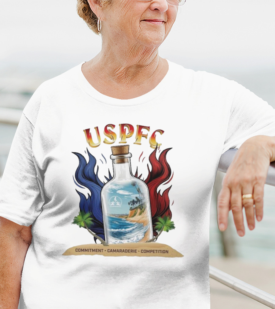 USPFC Commitment Camaraderie Competition Coastal Scenic Bottle Design T-Shirt