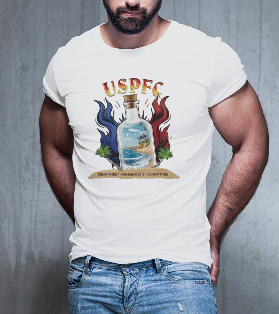 USPFC Commitment Camaraderie Competition Coastal Scenic Bottle Design T-Shirt