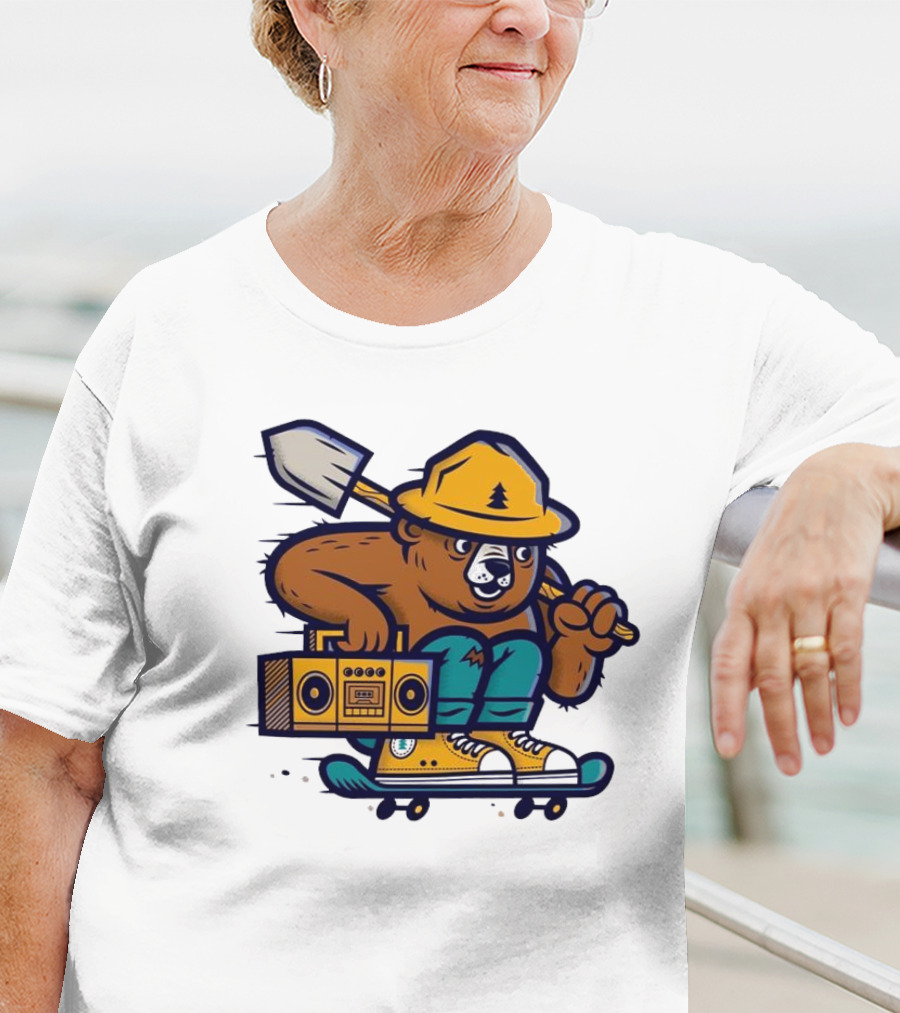 ```Wildfire Relief Bear Skateboarding With Boombox And Shovel``` T-Shirt