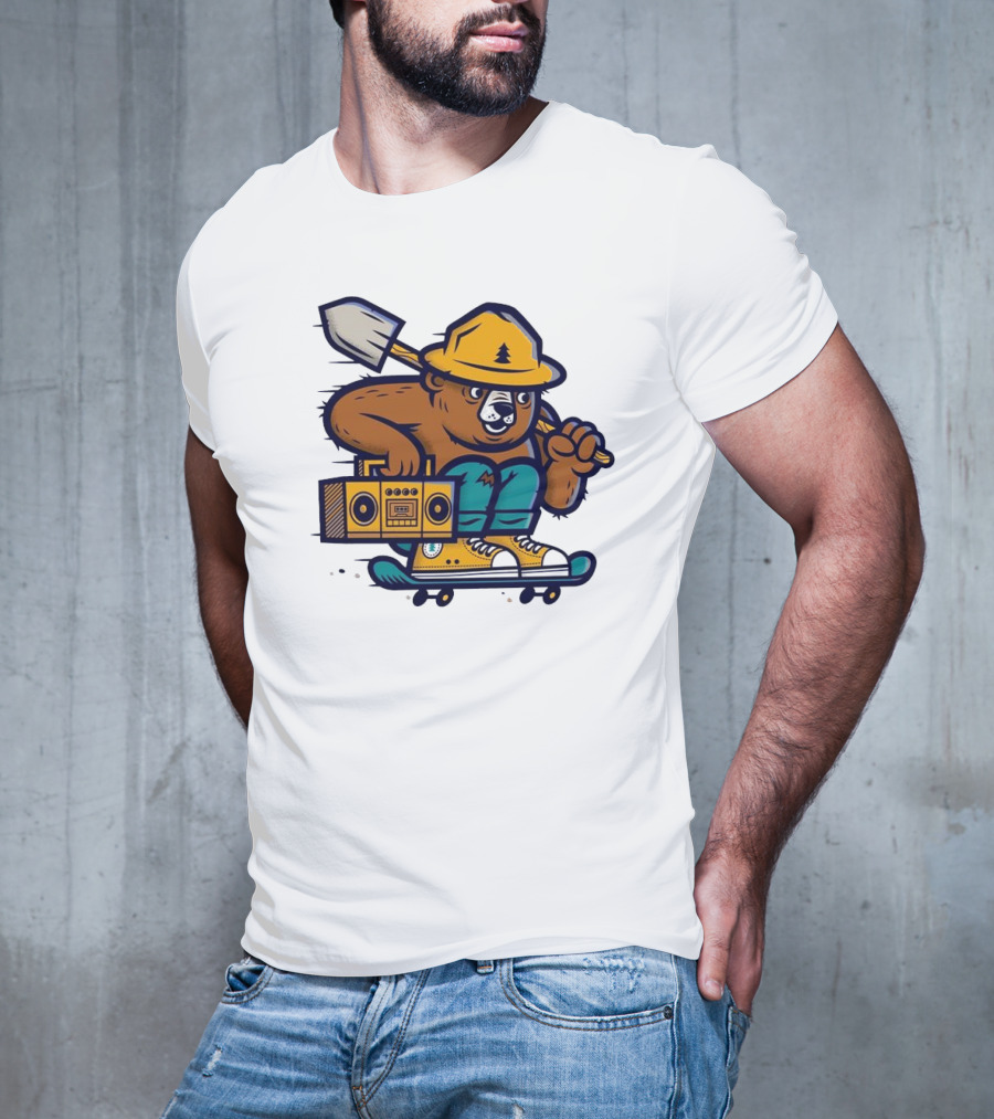 ```Wildfire Relief Bear Skateboarding With Boombox And Shovel``` T-Shirt