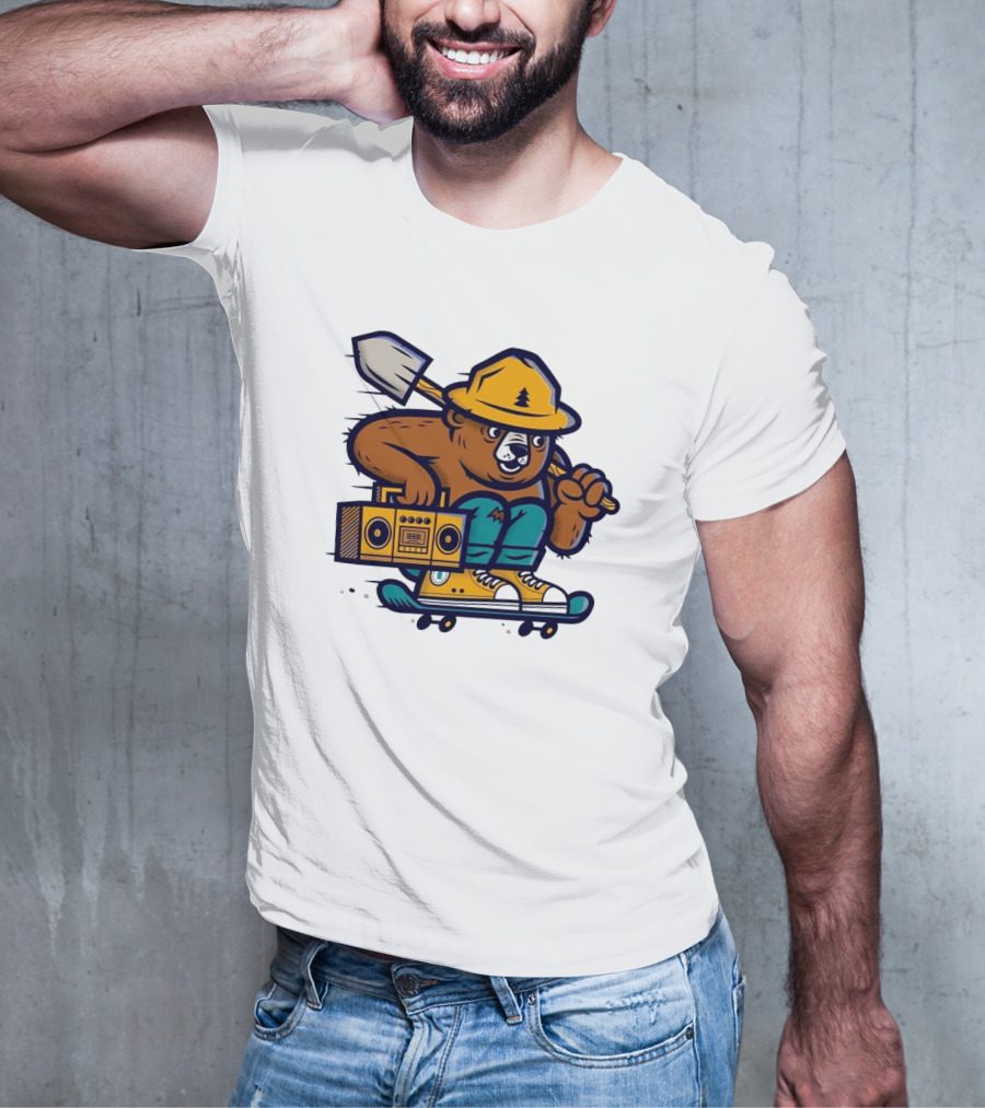 ```Wildfire Relief Bear Skateboarding With Boombox And Shovel``` T-Shirt