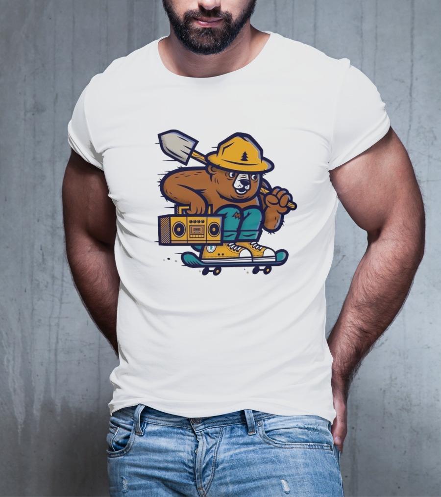```Wildfire Relief Bear Skateboarding With Boombox And Shovel``` T-Shirt