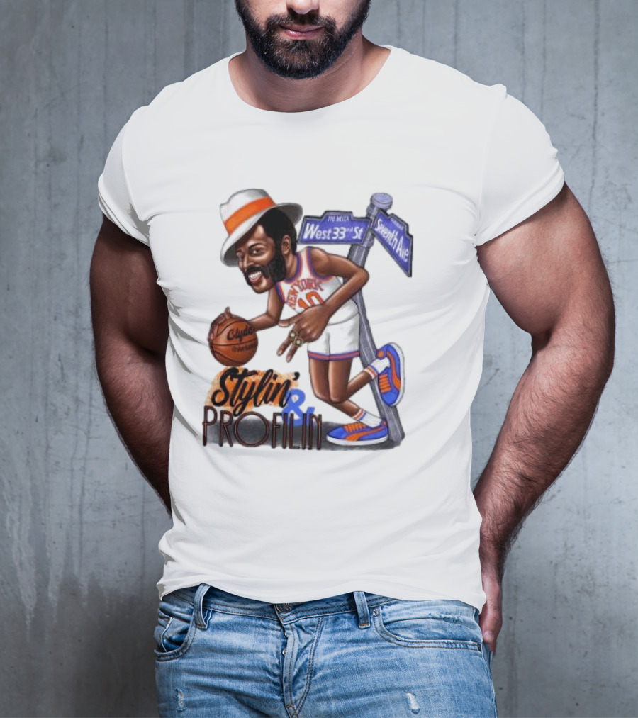West 33rd St Seventh Ave Clyde Stylin Profilin New York Knicks Walt Frazier T-Shirt