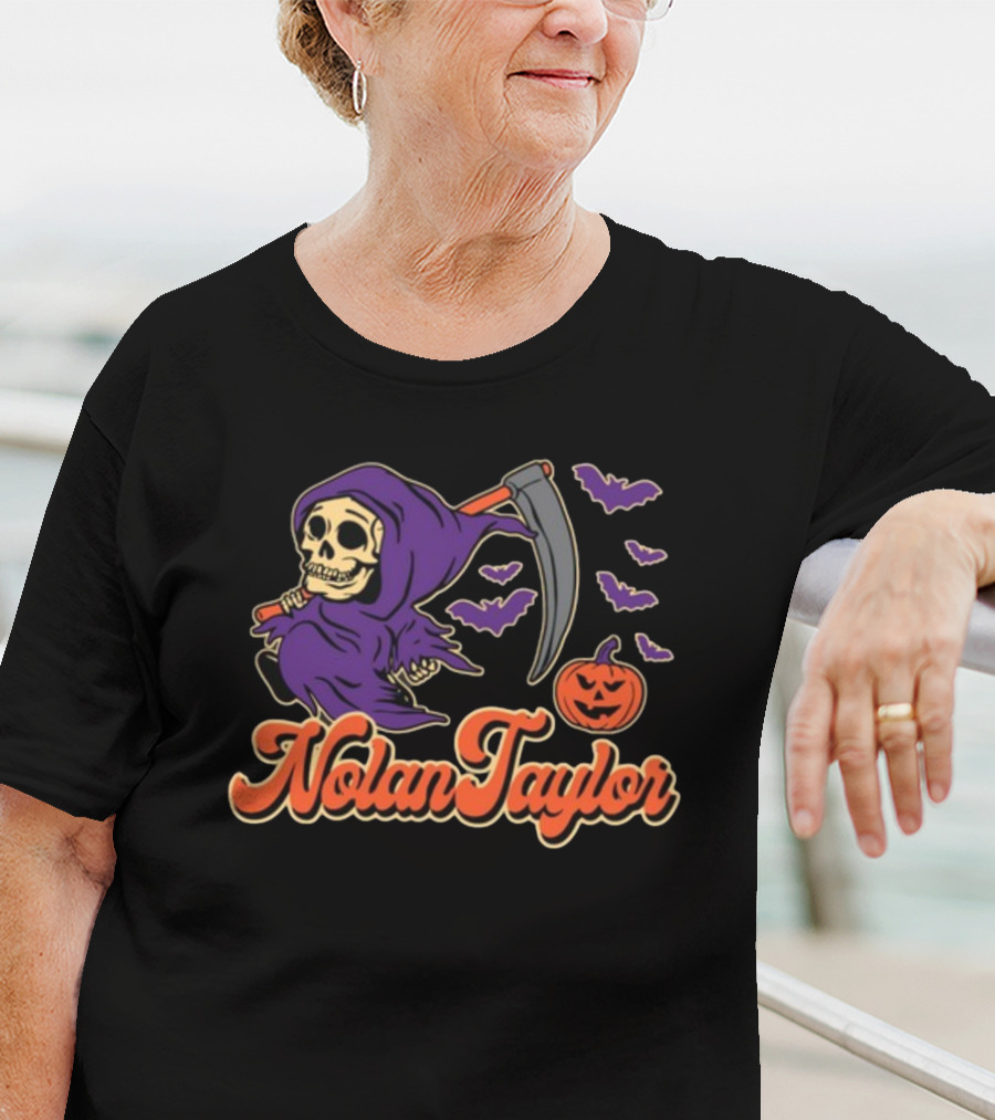 NolanTaylor Halloween Grim Reaper With Scythe And Pumpkin Bats T-Shirt