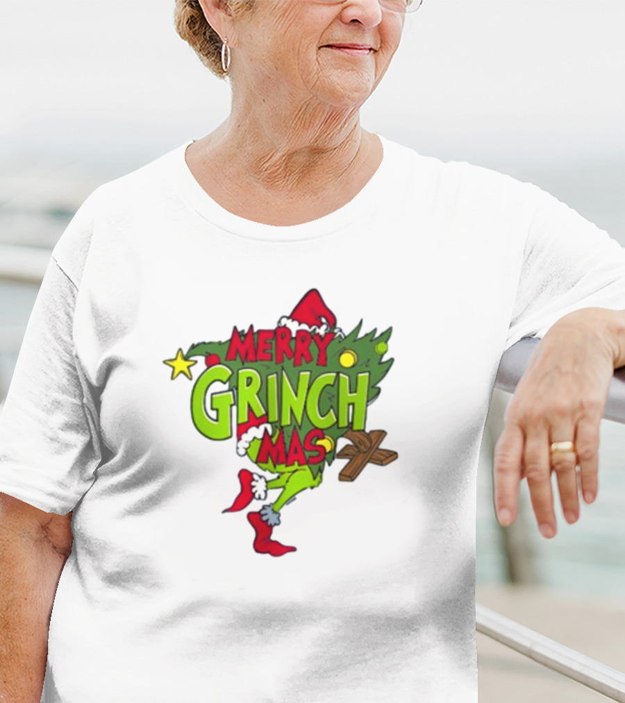 Merry Grinchmas Tree With Santa Hat And Holiday Decorations T-Shirt