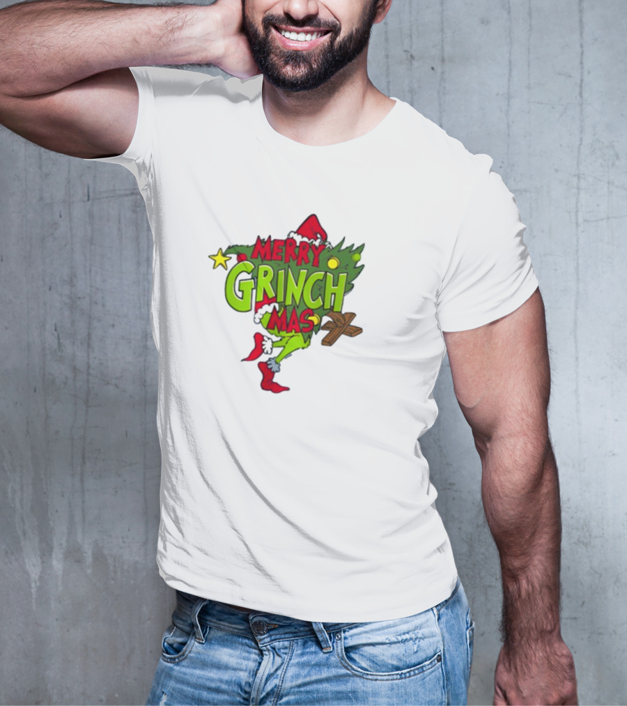 Merry Grinchmas Tree With Santa Hat And Holiday Decorations T-Shirt