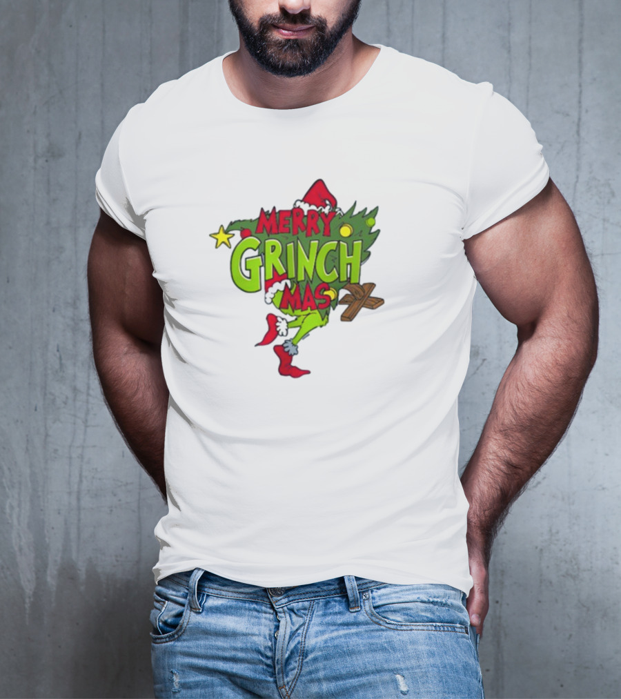 Merry Grinchmas Tree With Santa Hat And Holiday Decorations T-Shirt