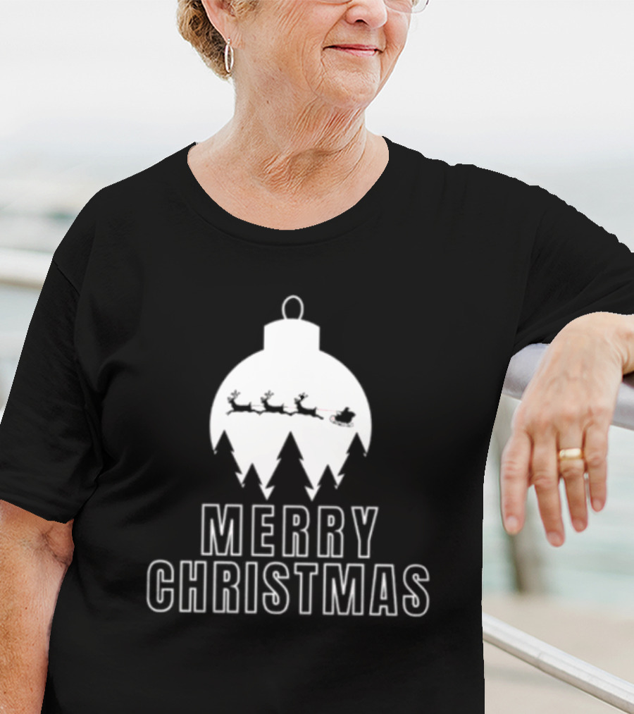 Merry Christmas Ornament Reindeer Sleigh And Trees T-Shirt