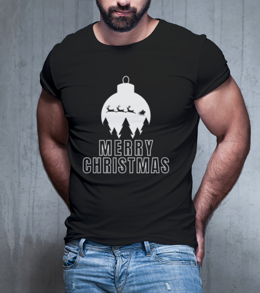 Merry Christmas Ornament Reindeer Sleigh And Trees T-Shirt