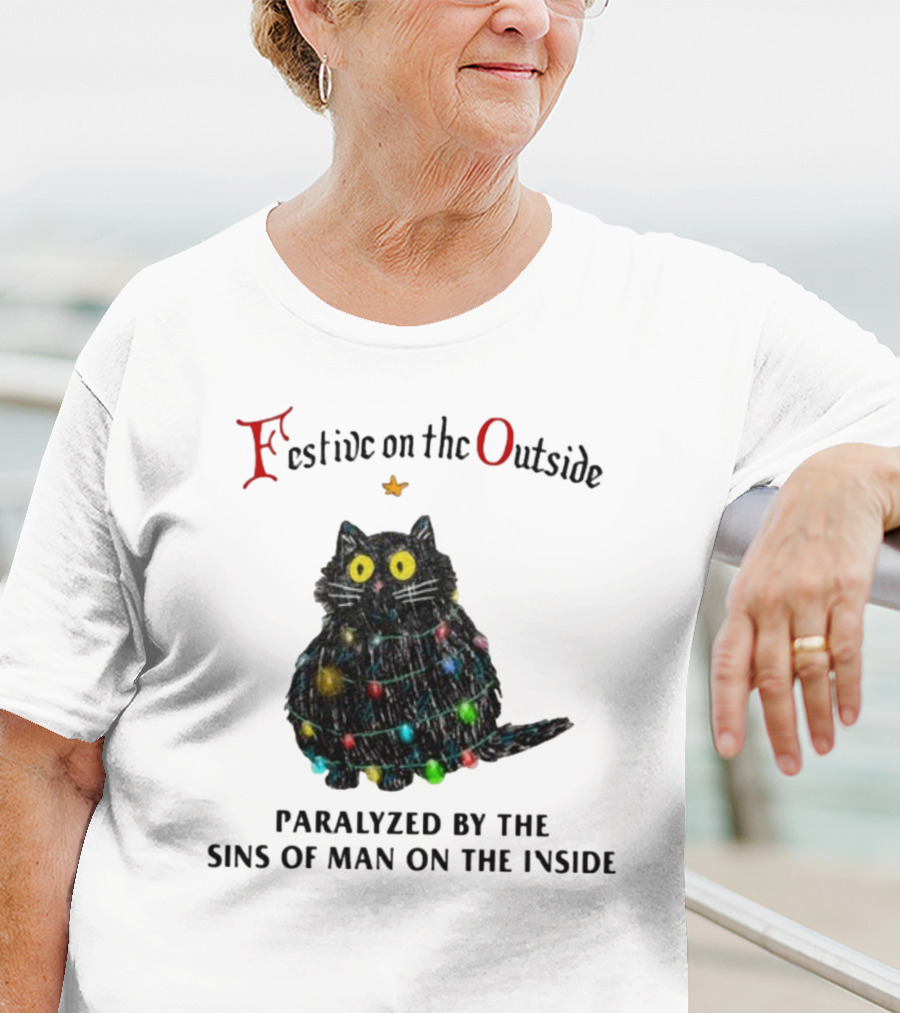Festive On The Outside Paralyzed By The Sins Of Man On The Inside Cat Wrapped In Christmas Lights T-Shirt