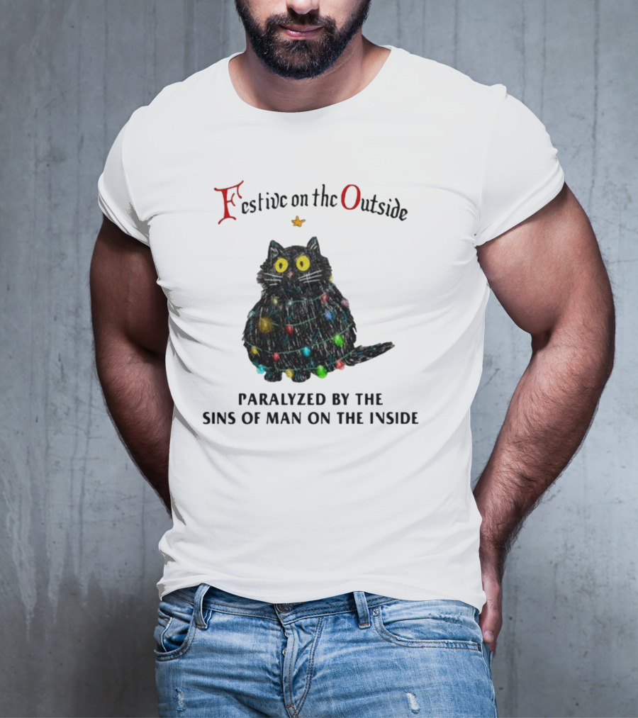 Festive On The Outside Paralyzed By The Sins Of Man On The Inside Cat Wrapped In Christmas Lights T-Shirt