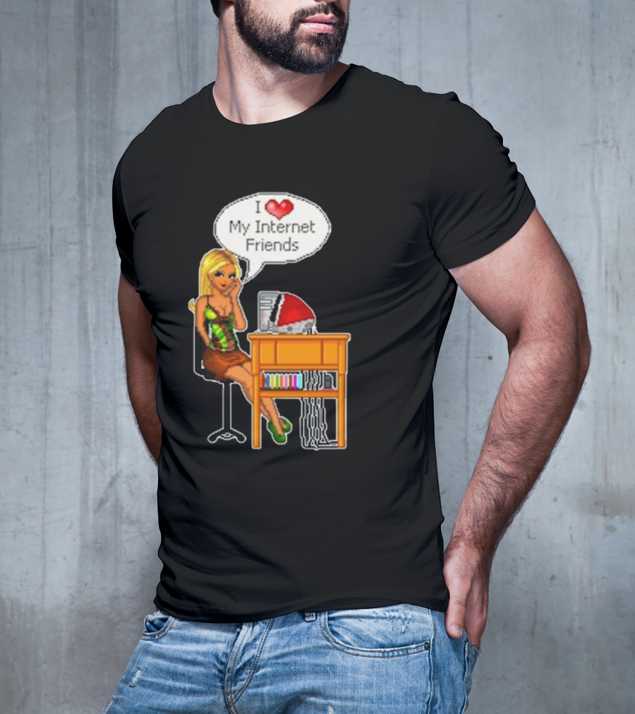 Cherrykitten I Love My Internet Friends Y2K Vintage Blonde Girl At Desk Pixel T-Shirt