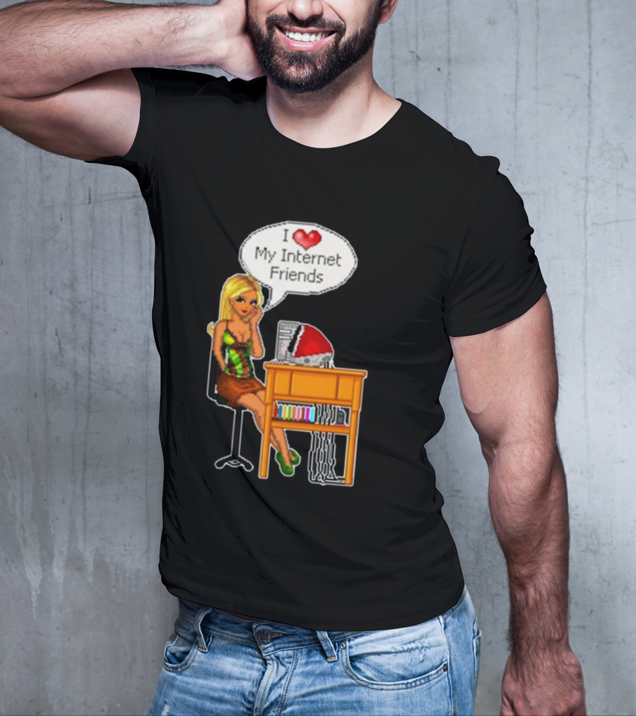 Cherrykitten I Love My Internet Friends Y2K Vintage Blonde Girl At Desk Pixel T-Shirt