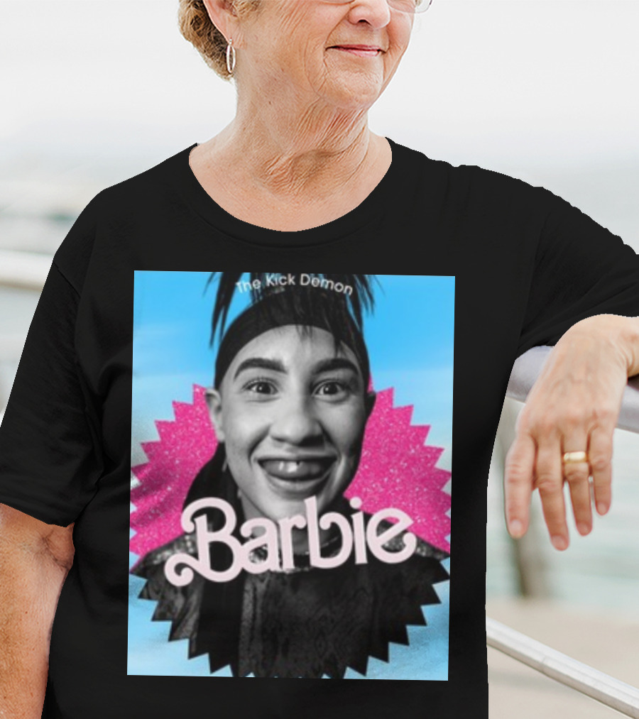 Kick Demon Barbie Smiling Portrait With Pink Starburst Background T-Shirt