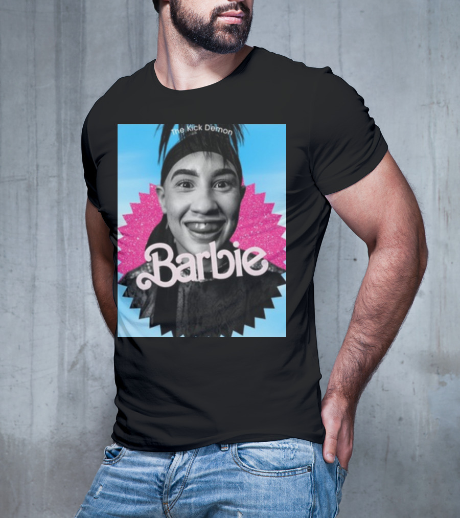 Kick Demon Barbie Smiling Portrait With Pink Starburst Background T-Shirt