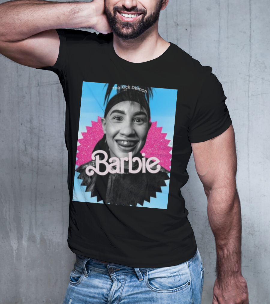 Kick Demon Barbie Smiling Portrait With Pink Starburst Background T-Shirt