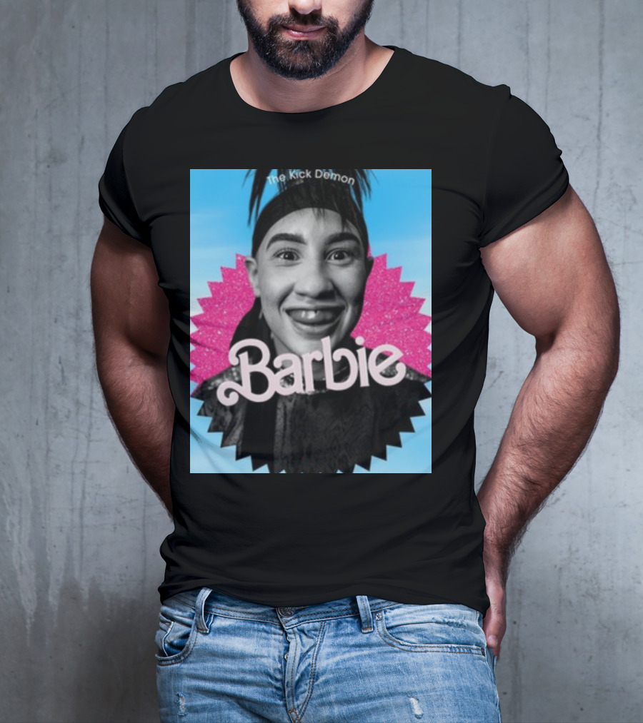 Kick Demon Barbie Smiling Portrait With Pink Starburst Background T-Shirt