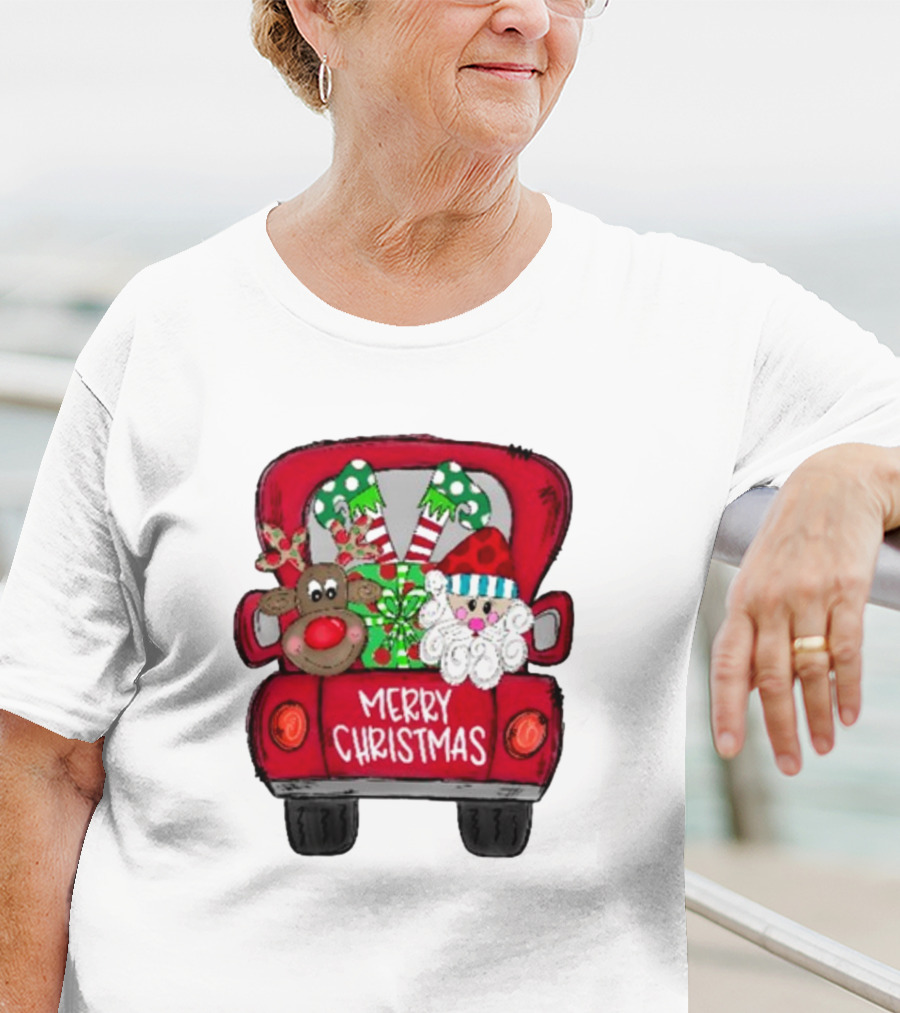 Merry Christmas Santa And Reindeer With Presents In Truck T-Shirt