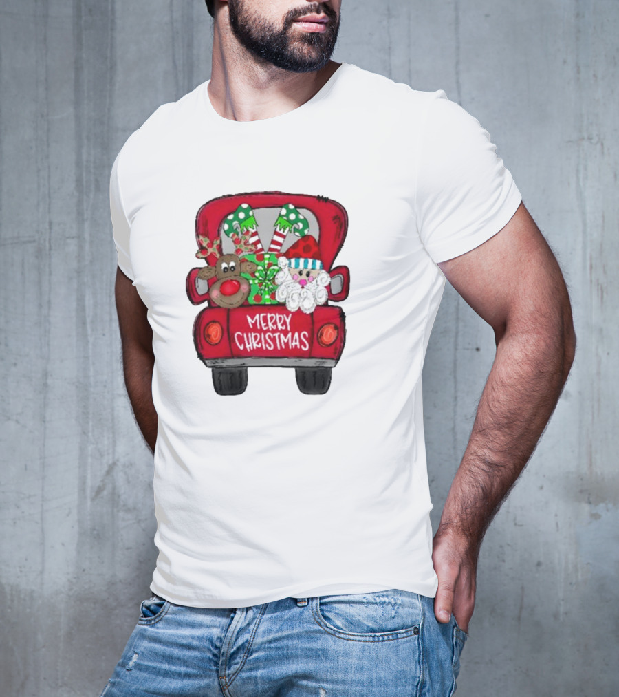 Merry Christmas Santa And Reindeer With Presents In Truck T-Shirt