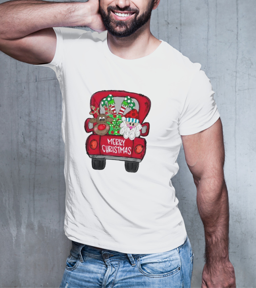 Merry Christmas Santa And Reindeer With Presents In Truck T-Shirt