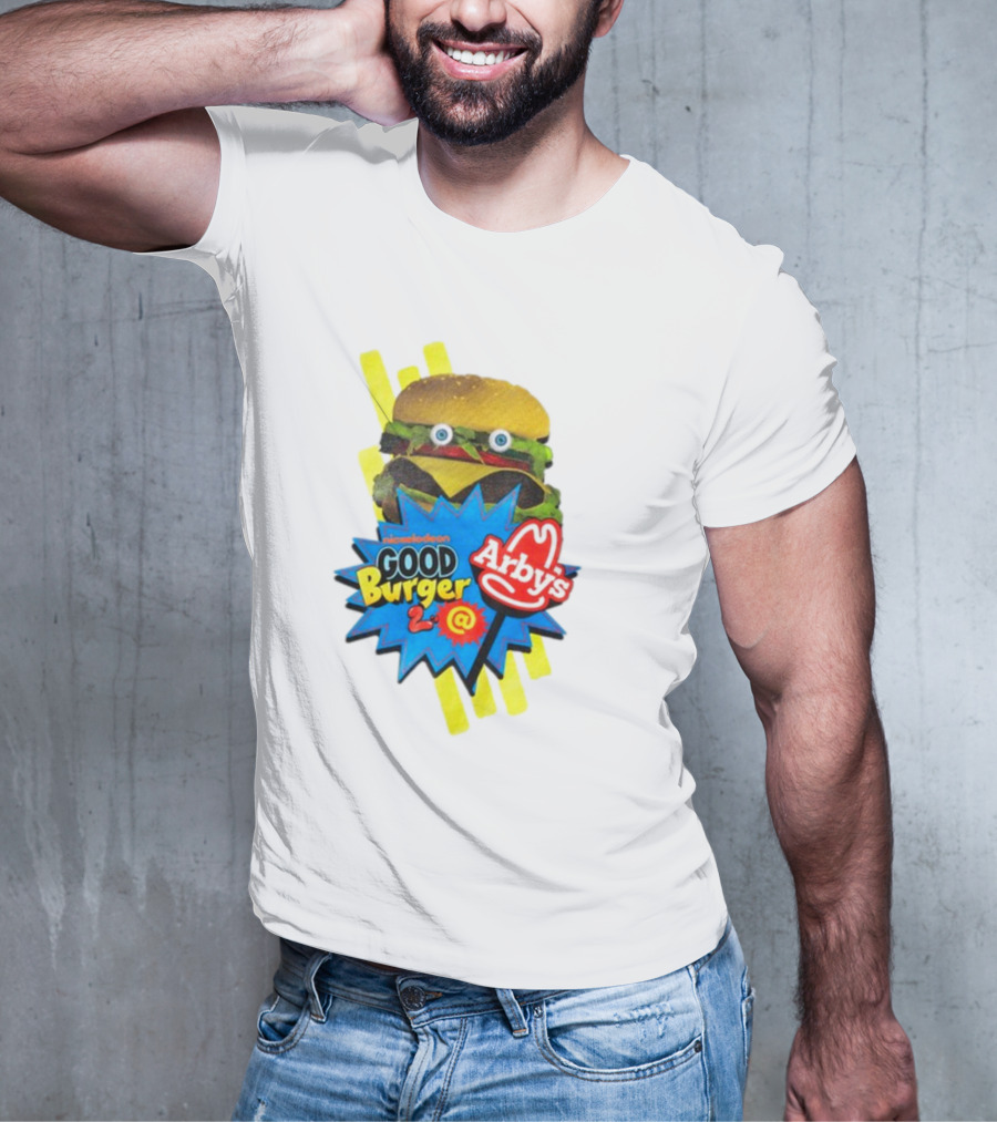 Nickelodeon Good Burger 2 Arby's Collaboration Burger With Eyeballs And Red Arby's T-Shirt