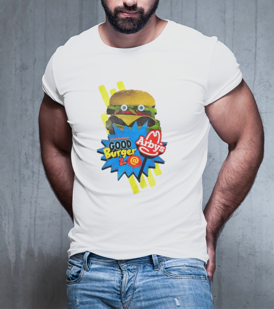 Nickelodeon Good Burger 2 Arby's Collaboration Burger With Eyeballs And Red Arby's T-Shirt