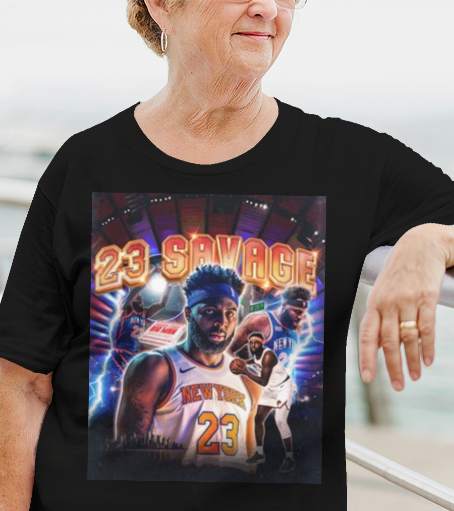 New York Knicks 23 Savage Mitchell Robinson Stadium Lightning Background T-Shirt