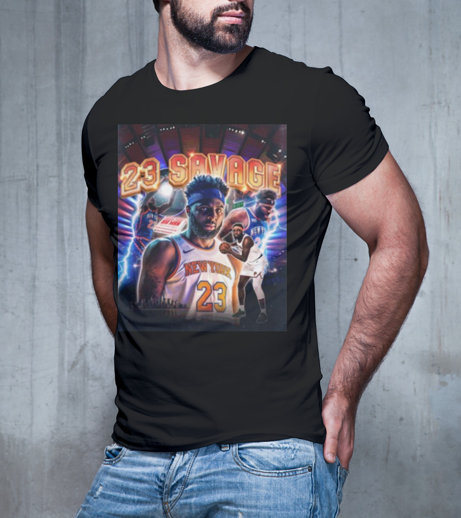 New York Knicks 23 Savage Mitchell Robinson Stadium Lightning Background T-Shirt