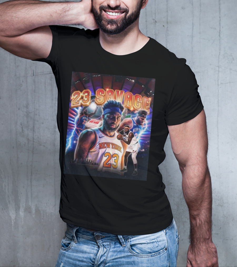New York Knicks 23 Savage Mitchell Robinson Stadium Lightning Background T-Shirt