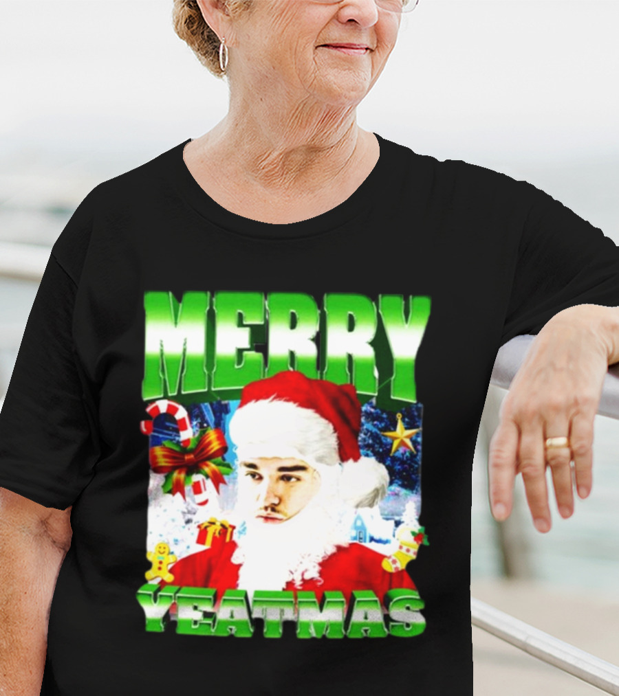 Memeabletees Merry Yeatmas Santa Claus Candy Canes And Snowflakes T-Shirt