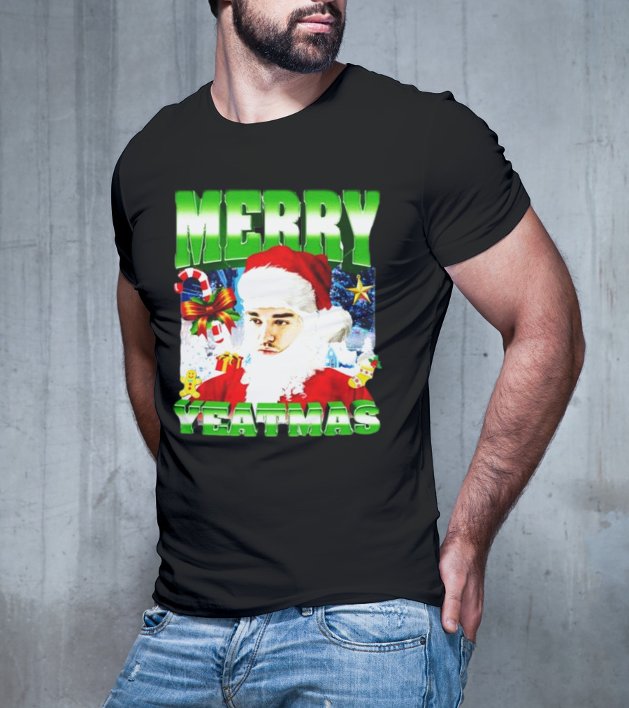 Memeabletees Merry Yeatmas Santa Claus Candy Canes And Snowflakes T-Shirt