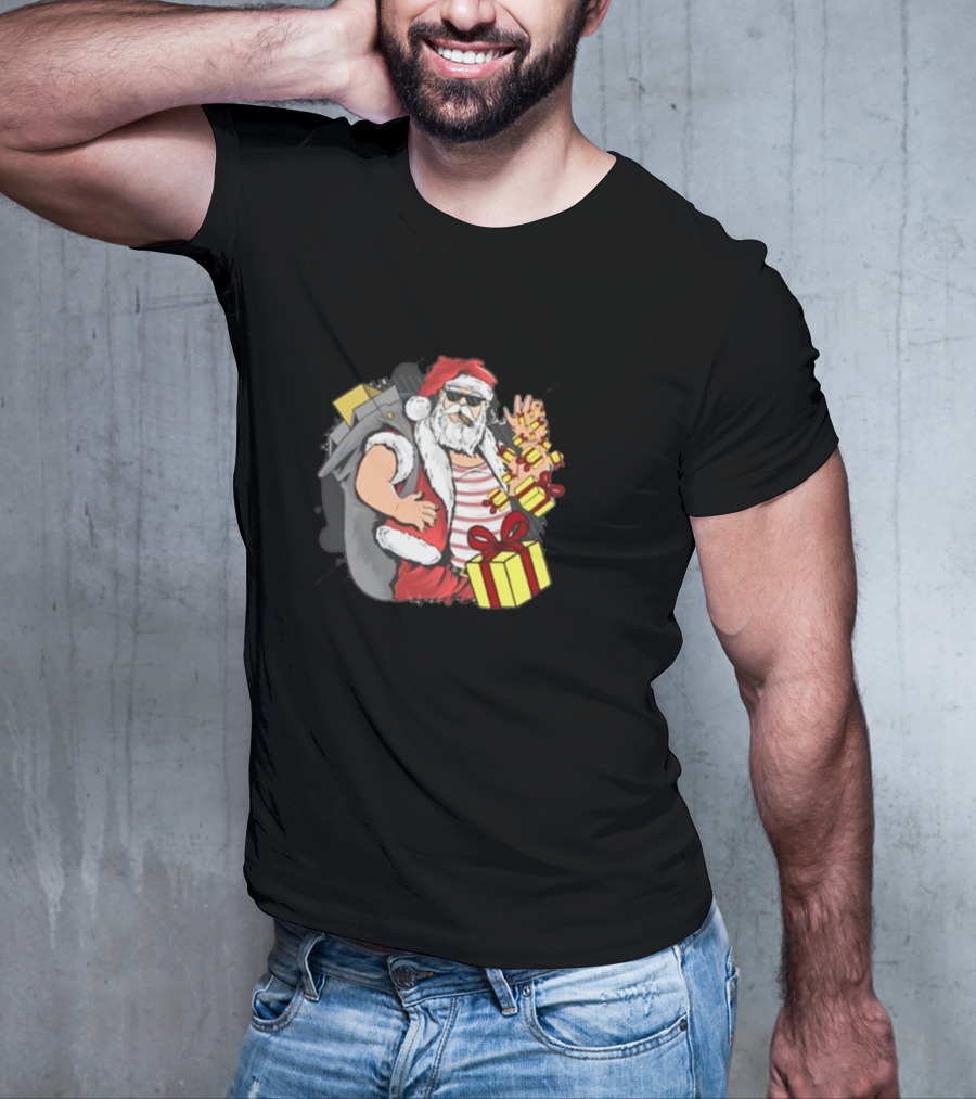 Santa Claus Christmas Cool Gift Vibe With Sunglasses And Peace Sign T-Shirt