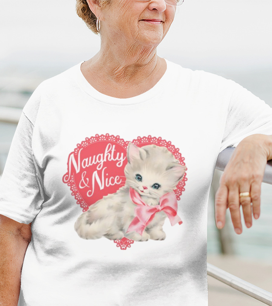 Nessa Barrett Store Naughty And Nice Kitten Heart Bow T-Shirt