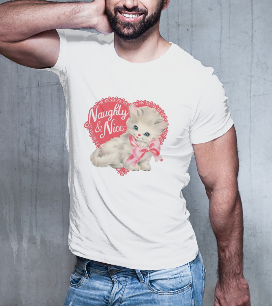 Nessa Barrett Store Naughty And Nice Kitten Heart Bow T-Shirt