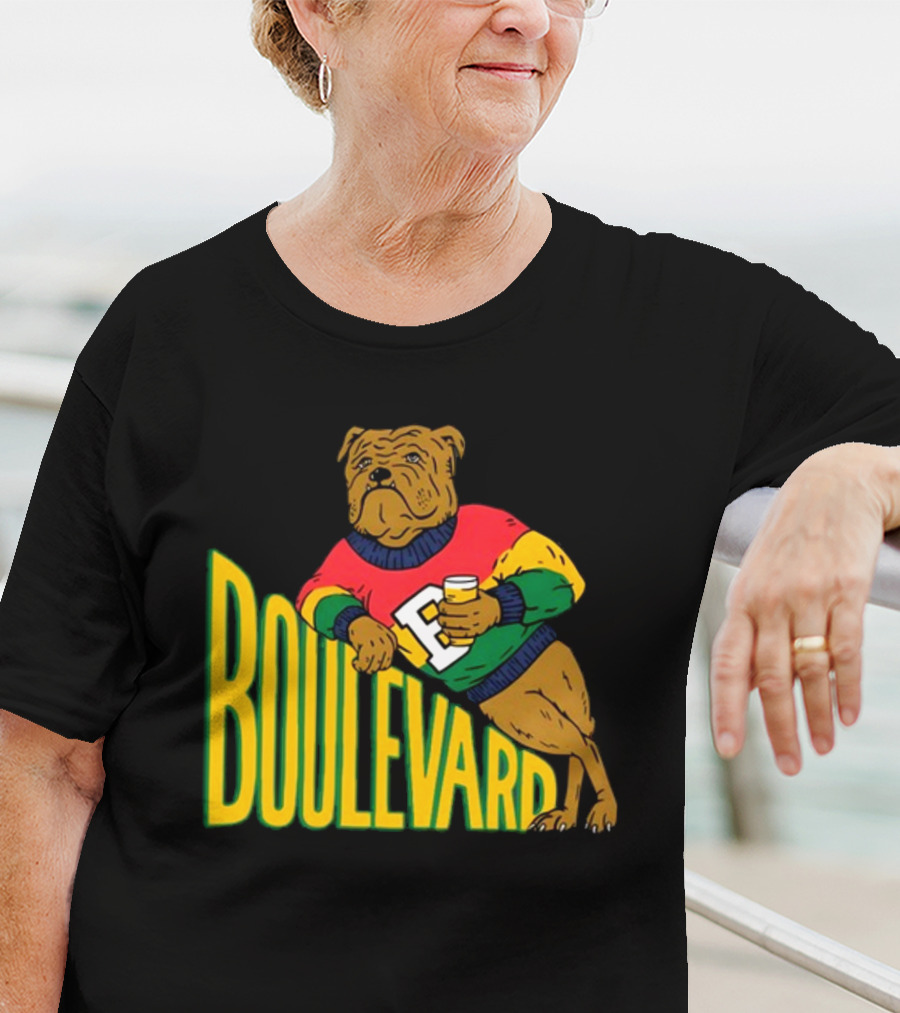 Boulevard Bully Dog In Colorful Sweater Holding Drink T-Shirt