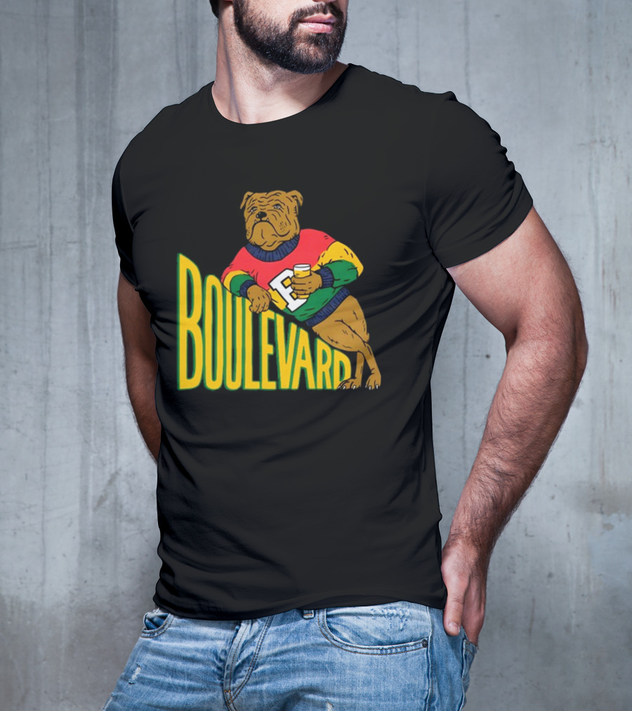 Boulevard Bully Dog In Colorful Sweater Holding Drink T-Shirt