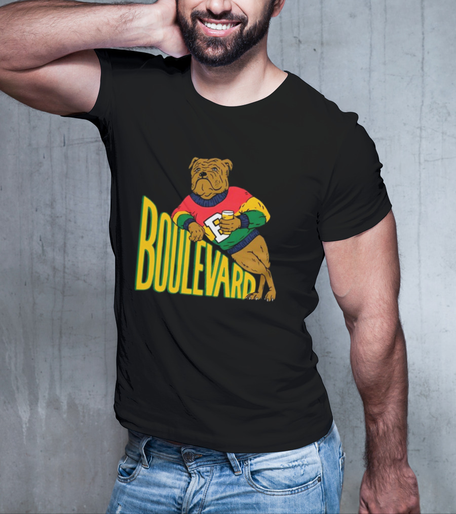 Boulevard Bully Dog In Colorful Sweater Holding Drink T-Shirt