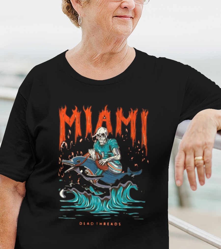 MIAMI Dead Threads Skeleton Surfer On Dolphin Football Adventure T-Shirt
