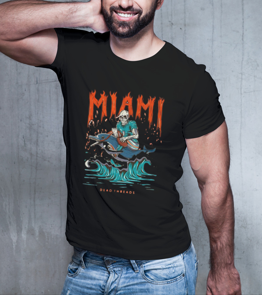 MIAMI Dead Threads Skeleton Surfer On Dolphin Football Adventure T-Shirt